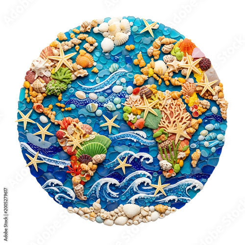 Artistic world map mosaic made of seashells and sea glass, colorful earth globe created with starfish and coral, nautical ocean map art for travel and environmental conservation themes isolated