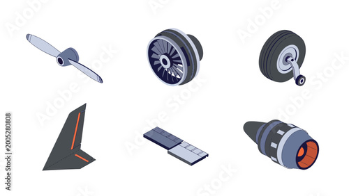 Isometric illustrations of various aircraft components including propeller, jet engine, landing gear, tail fin, and wing parts on white background.