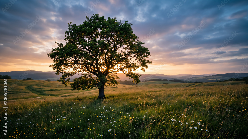 Fototapeta premium a large tree stands alone in the middle of a vast meadow.