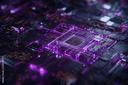 Futuristic circuit board glowing with purple light abstract
