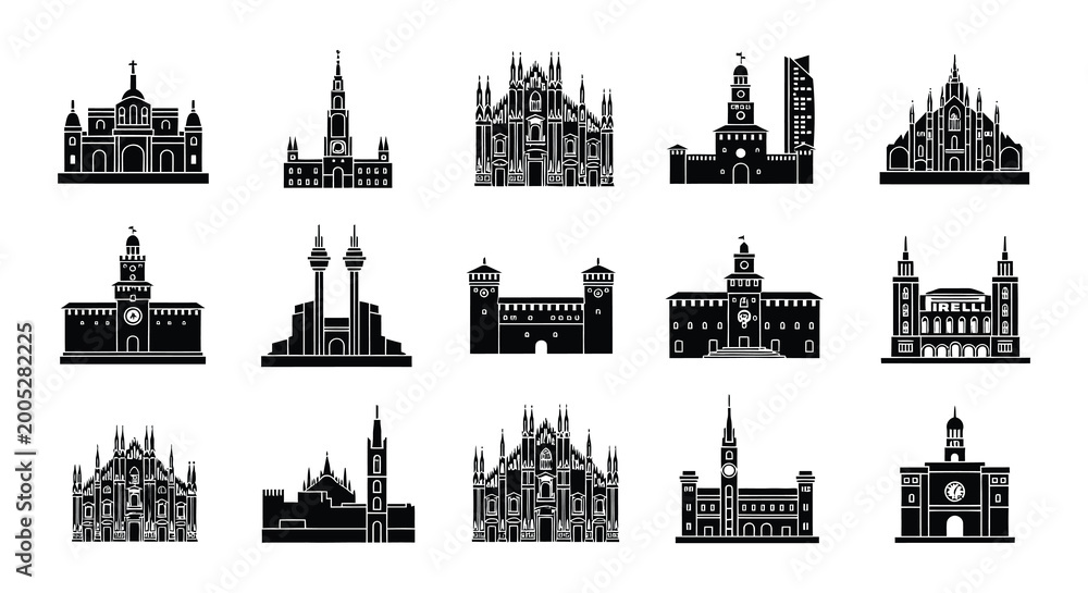 Naklejka premium Landmark building silhouettes black vector illustration on white background