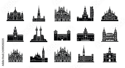 Fotografia Landmark building silhouettes black vector illustration on white background