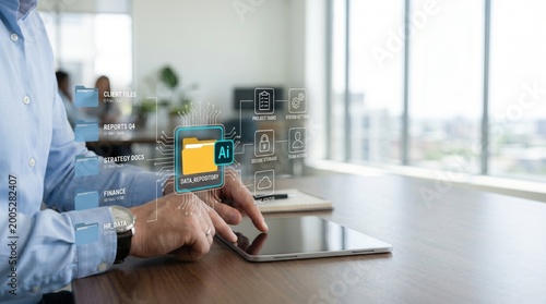 Businessman accessing AI data repository folder on tablet interface with client files and finance reports, concept of cloud computing, big data analysis, artificial intelligence