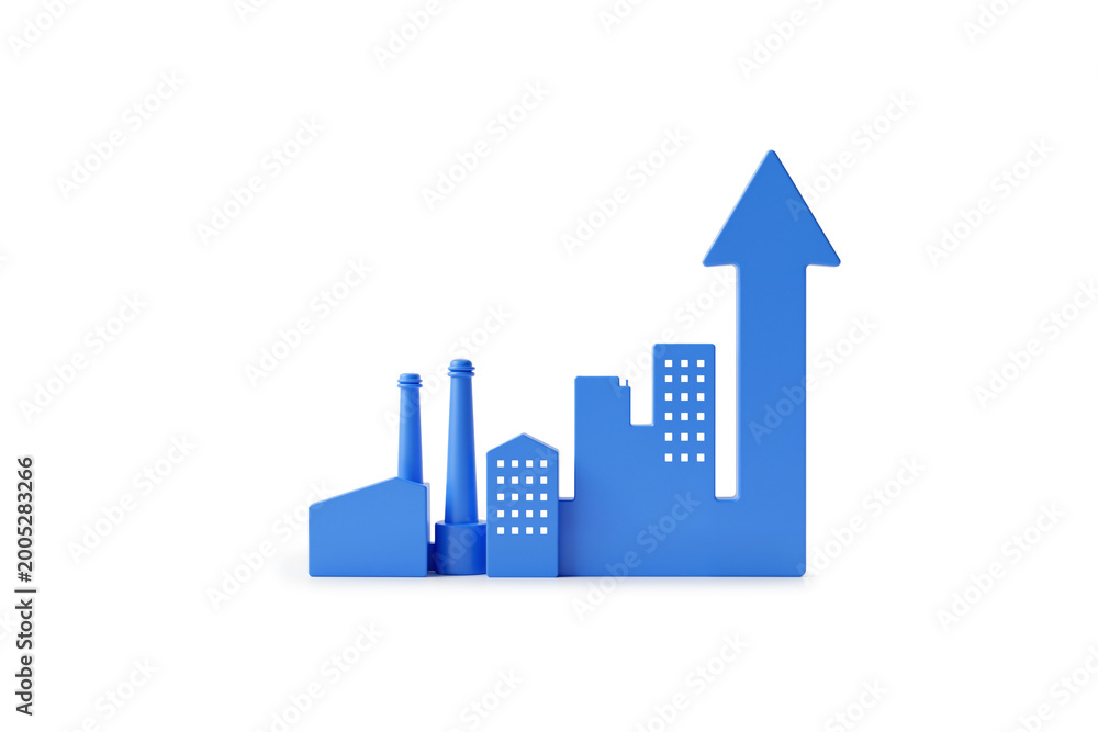 Fototapeta premium Blue Industrial Skyline Upward Arrow Factory Growth Concept Minimal Clean Surface