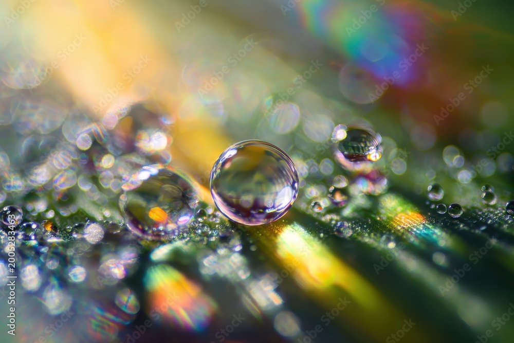 Naklejka premium Water droplets on leaf surface with rainbow light refractions