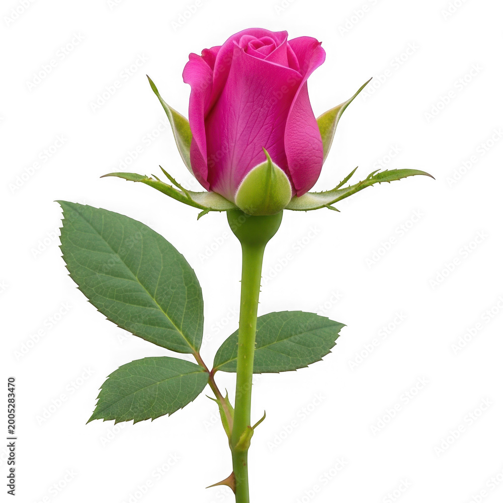 Obraz premium Vibrant pink rose bud with green leaves