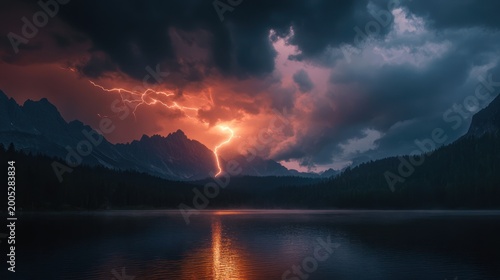 Dramatic lightning storm over serene lake and mountains at dusk