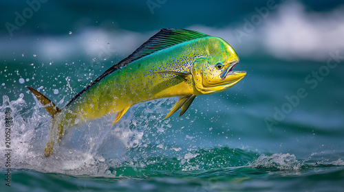 mahi. A mahi-mahi fish leaping from turquoise ocean waves, its body glistening with iridescent scales. wildlife magazines, conservation campaigns, designed for eco-tourism storytelling.