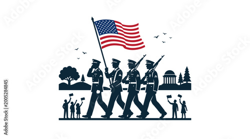 Memorial Day Parade Silhouette Vector with American Flag