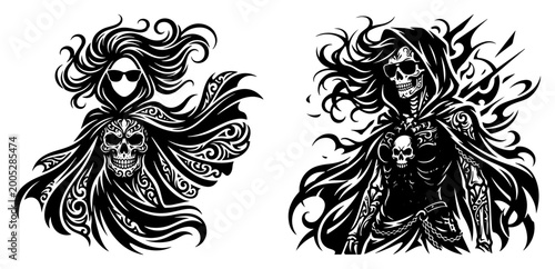 Obraz na plátně Female grim reaper figure with flowing cloak and skull gothic dark fantasy silho