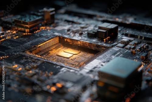 Computer motherboard circuit board with glowing orange lights