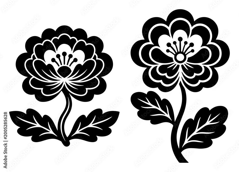 Obraz premium Folk art flower silhouettes with decorative leaves in traditional ethnic style
