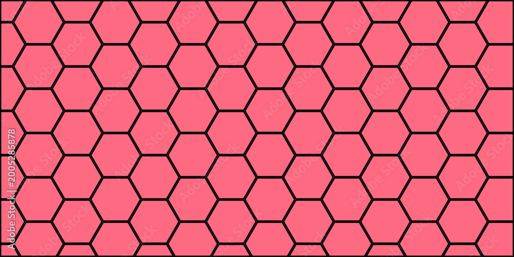 Fototapeta premium Seamless coral pink hexagonal honeycomb pattern with dark outlines, bold geometric background texture for modern web design, digital graphics, and print use