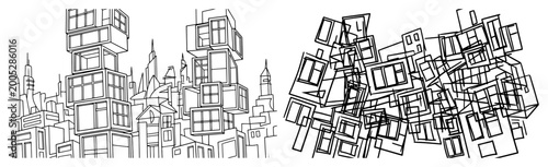 Quadro su tela Abstract cityscape built from stacked geometric cubes chaotic buildings sketch l