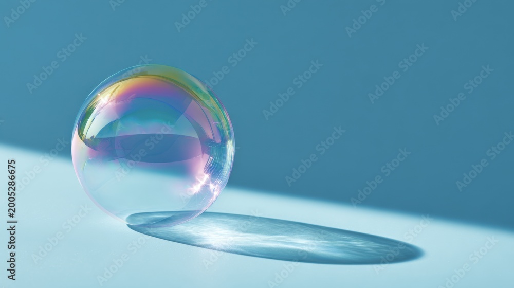 Fototapeta premium A transparent soap bubble on a blue surface. The bubble reflects a spectrum of colors, and casts a shadow