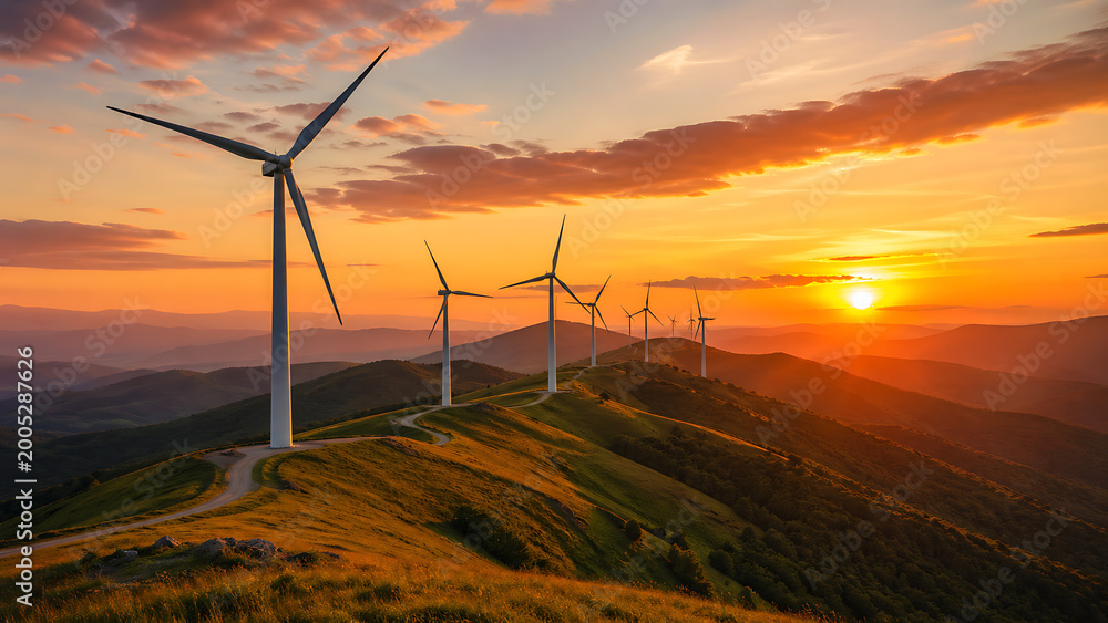 Obraz premium Wind turbines on green hills at sunset for renewable energy concept