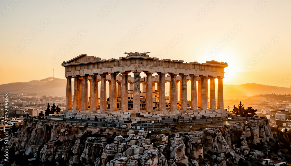 Fototapeta premium The Parthenon is illuminated by the golden glow of the sunset, casting shadows across the ancient columns. The historic Parthenon stands proudly on a rocky outcrop, surrounded by the city below.