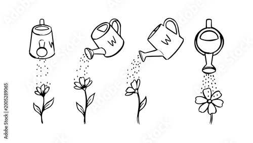Gardening Watering Can Sequence Pouring Water on Growing Flower Displaying Nurturing Concept in Doodle Line Art