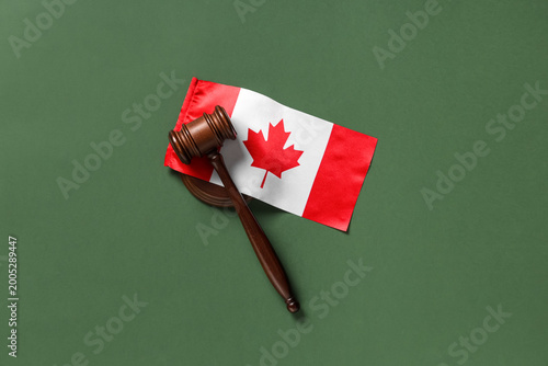 Konstfotografi Judge's gavel and Canadian flag on green background