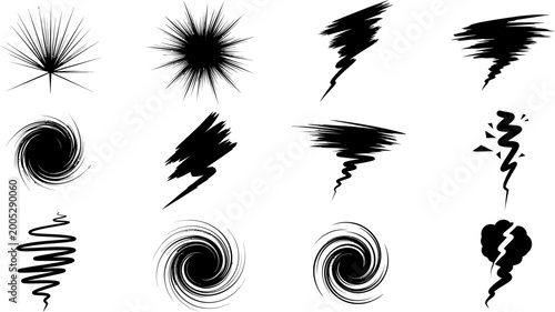 Set of black tornado and explosion effects isolated on transparent background eps.