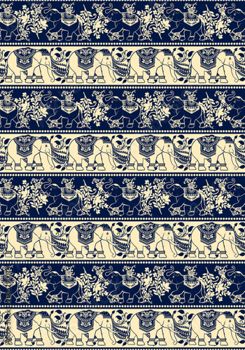 Konstfotografi Seamless horizontal border pattern with traditional ornate elephants and elegant floral motifs in navy blue and cream for ethnic textile design