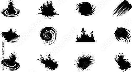 Abstract black shapes and ink splatters on transparent background, eps collection.