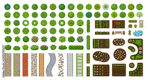 Foto Top view trees bushes and garden elements vector illustration on white backgroun