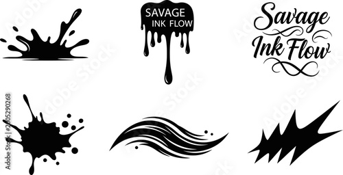 Savage ink flow text and expressive liquid splashes black artistic vector illustrations eps.