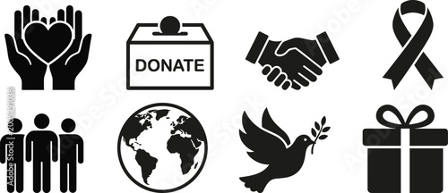 Charity peace icons collection, donation unity global awareness vector illustration, generosity kindness artwork design graphic - black and white flat vector illustration