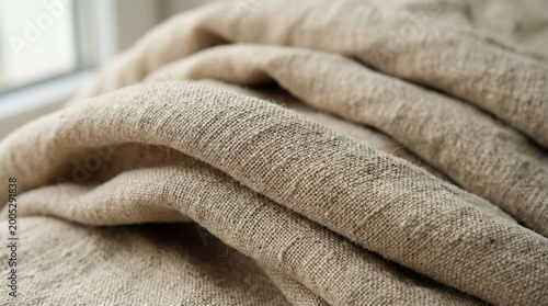 Macro Detail of Beige Organic Linen Fabric with Soft Folds