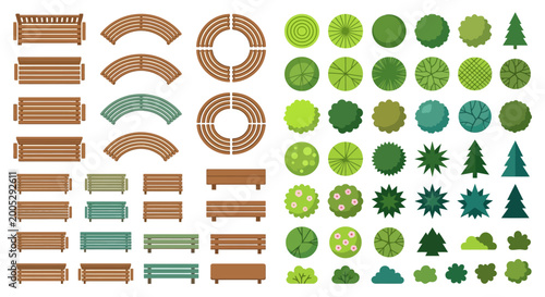Cuadro en lienzo Park elements set benches and trees top view vector illustration