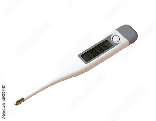 Sleek, white electronic thermometer with clear digital display