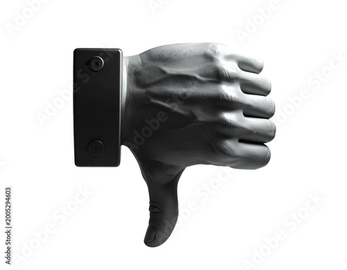 Realistic hand sculpture displays a thumbs-down gesture against white