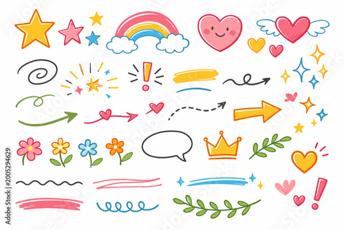 Φωτογραφία Set of Cute Hand Drawn Doodle Elements Featuring Stars, Hearts, Arrows, Rainbow, Flowers, Crown, and Speech Bubble