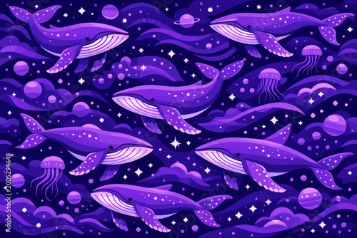 Bild auf Leinwand Whimsical Seamless Pattern of Purple Humpback Whales Swimming in a Surreal Ultra Violet Deep Space Ocean with Jellyfish, Planets, and Stars; Celestial Cosmic Vector Illustration Background