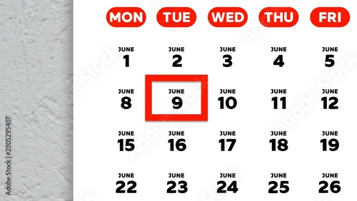 Foto Close-up of the date June 9th marked with a red cursor on the wall calendar 2026