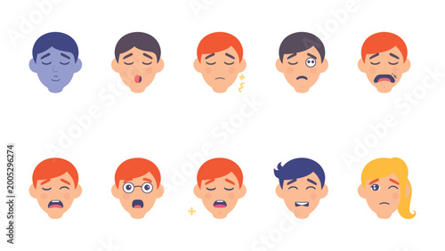 Foto Expression Collection: A diverse compilation of illustrated human faces, each vividly portraying a unique emotional state, from joy and surprise to sadness and frustration
