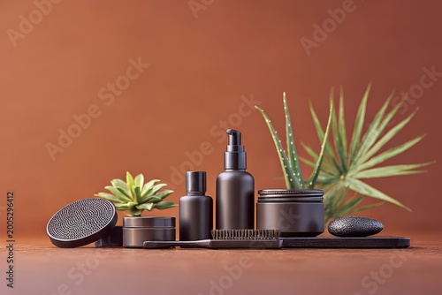 Luxury dark cosmetic bottles and jars arranged with plants and stone