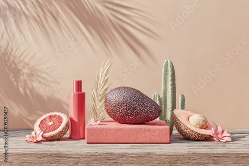 Natural skincare ingredients with avocado and grapefruit on a wooden shelf
