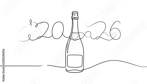 A minimalist line drawing of a champagne bottle with swirling lines and the year
