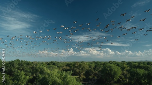Flock of birds flying over green forest under blue sky