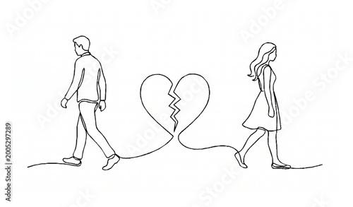 Photos Couple walking apart with broken heart continuous line art breakup separation co