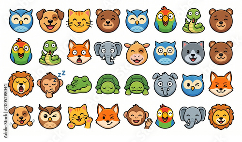Photography Animal emoticons vector set with birds reptiles and mammals icons