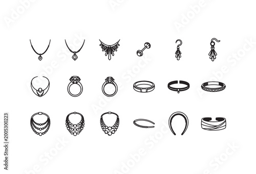 Jewelry Icons, Black and White, 20 Pieces, Vector, Accessories, Rings, Earrings, Necklaces