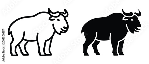 Quadro em tela Takin animal vector icons, black and white gnu goat silhouettes, wild bovid mamm