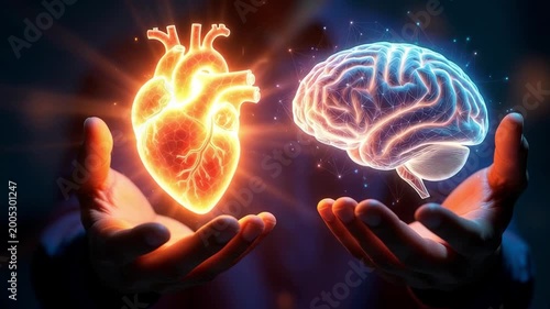 Slow motion handheld closeup of human heart and brain holograms floating above palms in dark studio setting