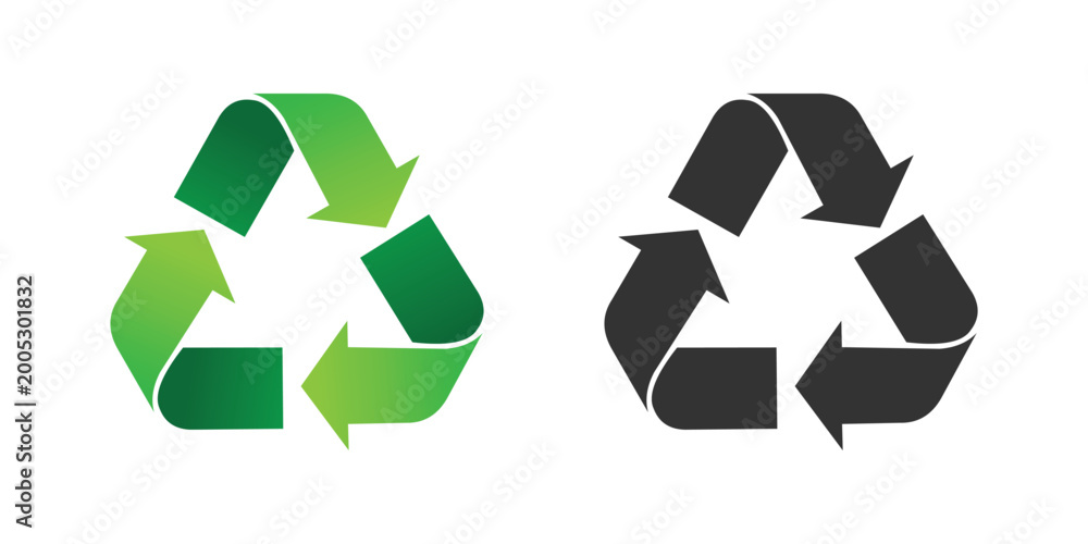 Obraz premium Green and black recycle arrow flat icon set for apps and websites, eco recycling symbol vector illustration