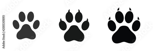 Animal paw print icon set with dog and cat footprint symbols in simple black silhouette style vector illustration