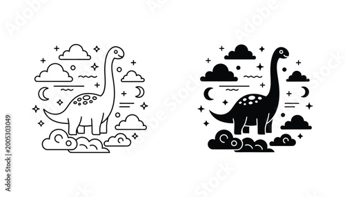 Slika na platnu Cute cartoon dinosaur silhouette and outline with clouds moon and stars on a whi