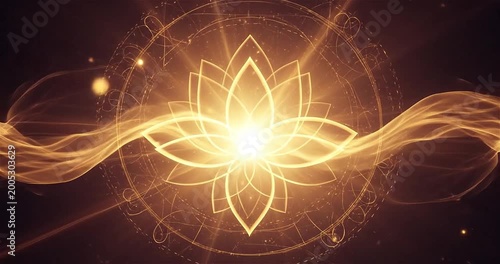 Glowing golden lotus flower with flowing energy waves and sacred light, spiritual abstract background perfect for meditation videos, yoga content, healing visuals, wellness branding, and mystical